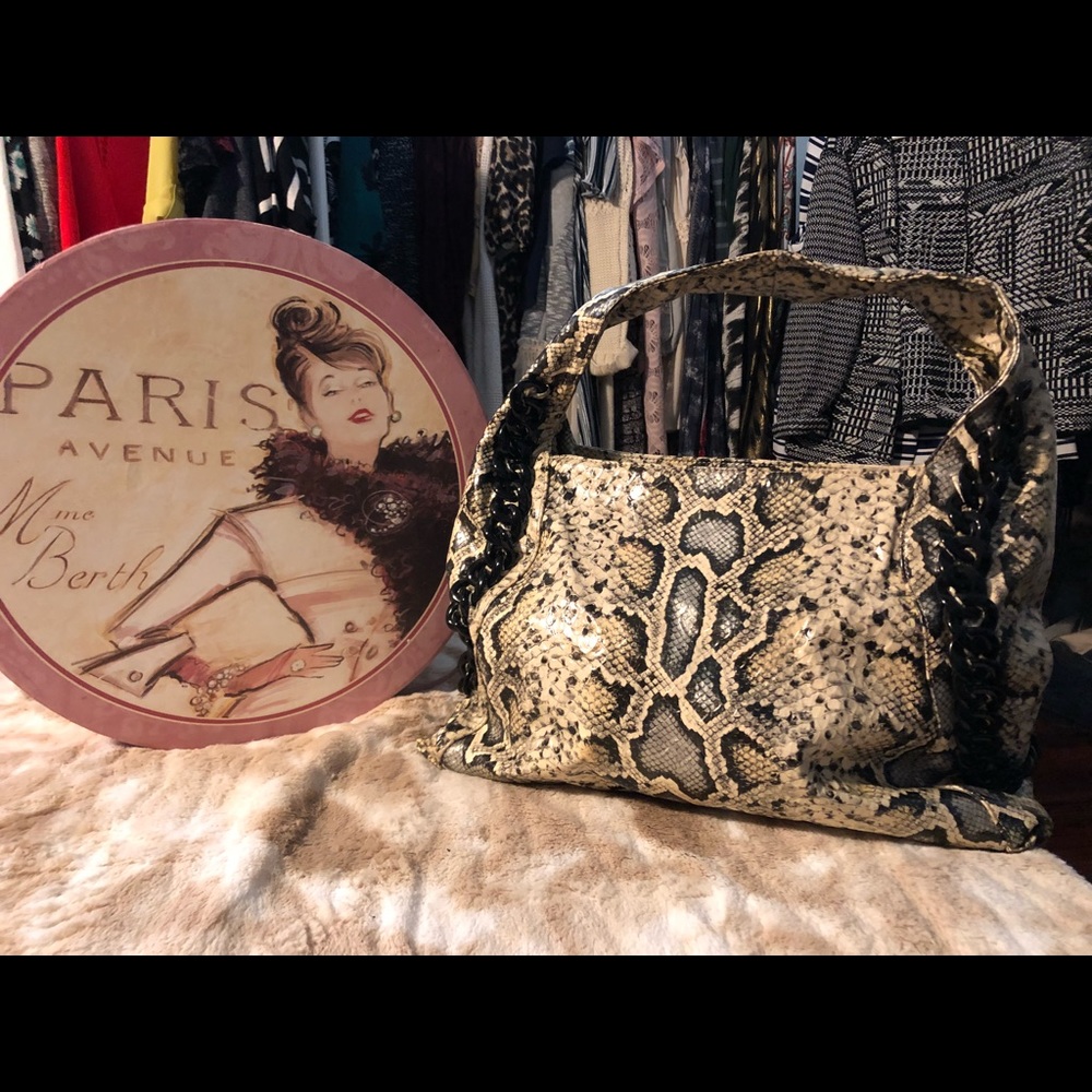 Large faux python hobo bag with black chain
